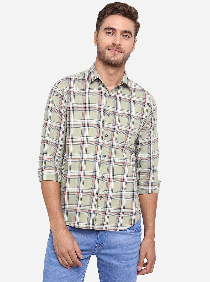 Sage Green Checked Slim Fit Casual Shirt | Greenfibre