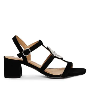 Saint Donya Stones Black Suede Leather Block Heels