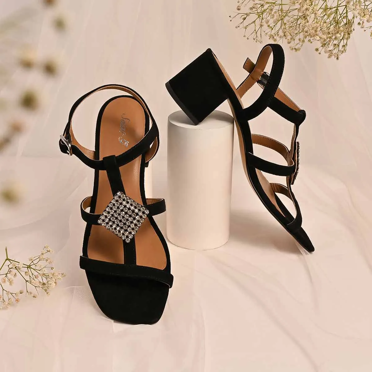 Saint Donya Stones Black Suede Leather Block Heels