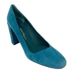 Salvatore Ferragamo Teal Round Toe Suede Pumps