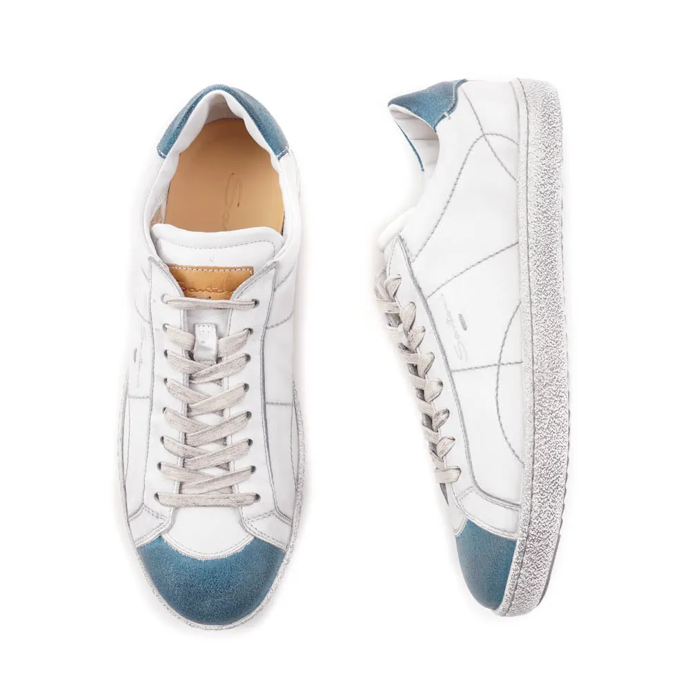 Santoni White and Blue Vintage-Look Sneakers