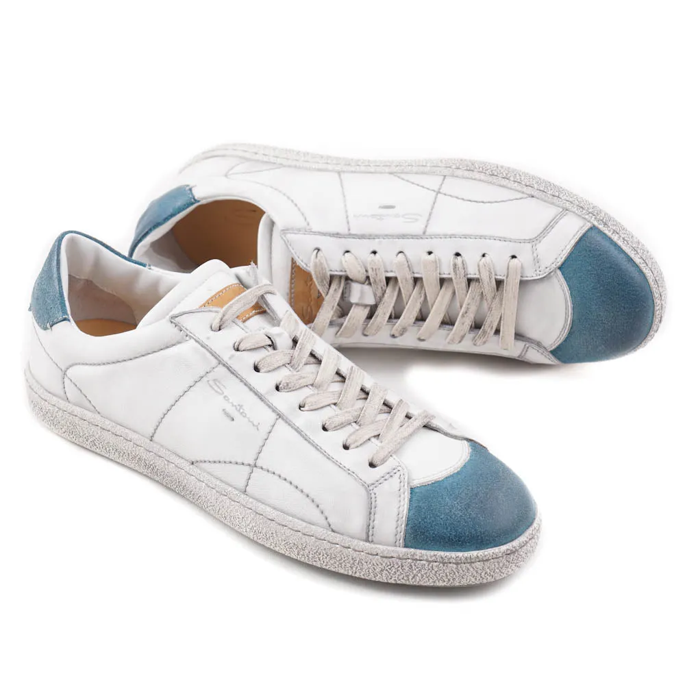 Santoni White and Blue Vintage-Look Sneakers