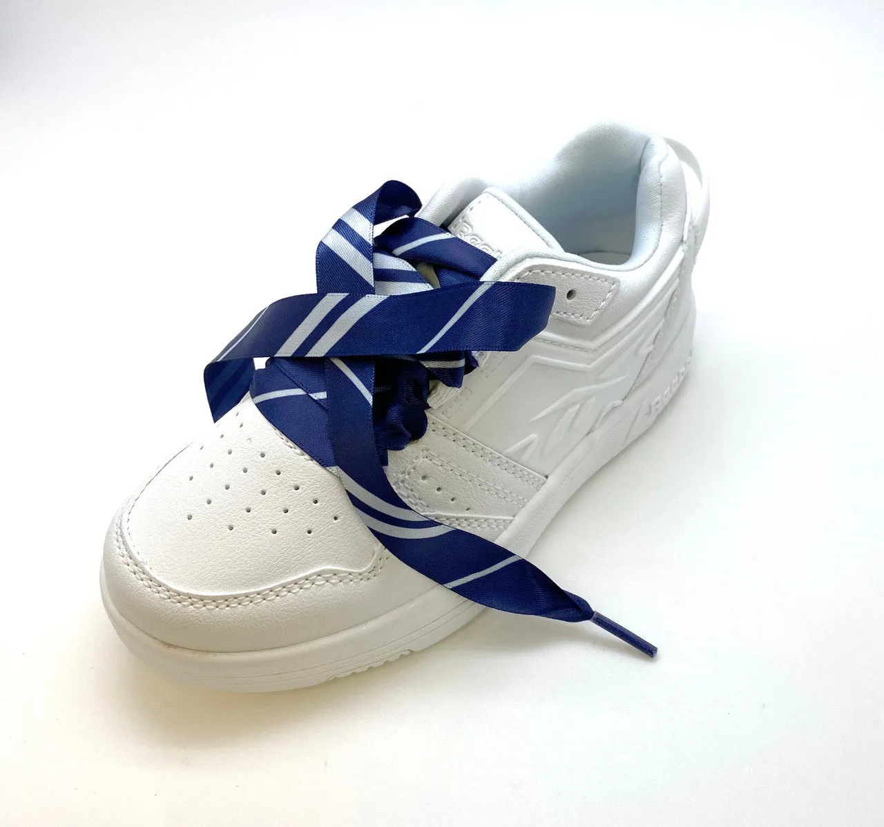 Satin Shoelaces navy blue and silver stripe print ideal for hip hop, dance team, sneaker junkie, cheerleading, wedding, wizard in 36" and 44" lengths