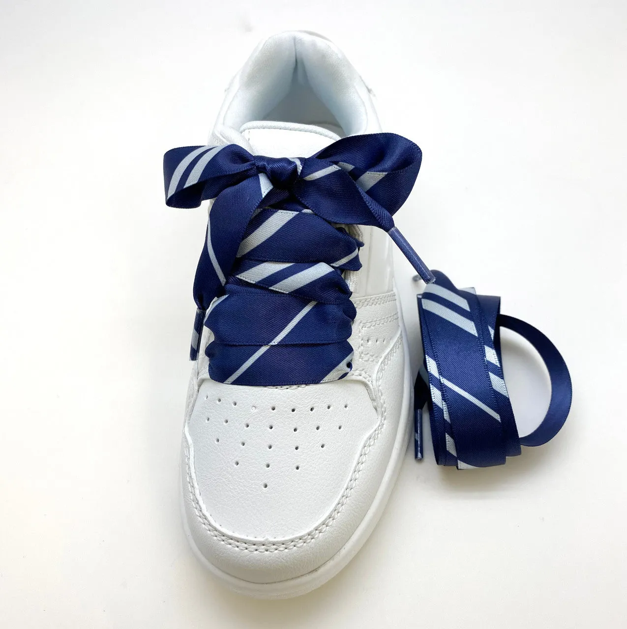 Satin Shoelaces navy blue and silver stripe print ideal for hip hop, dance team, sneaker junkie, cheerleading, wedding, wizard in 36" and 44" lengths