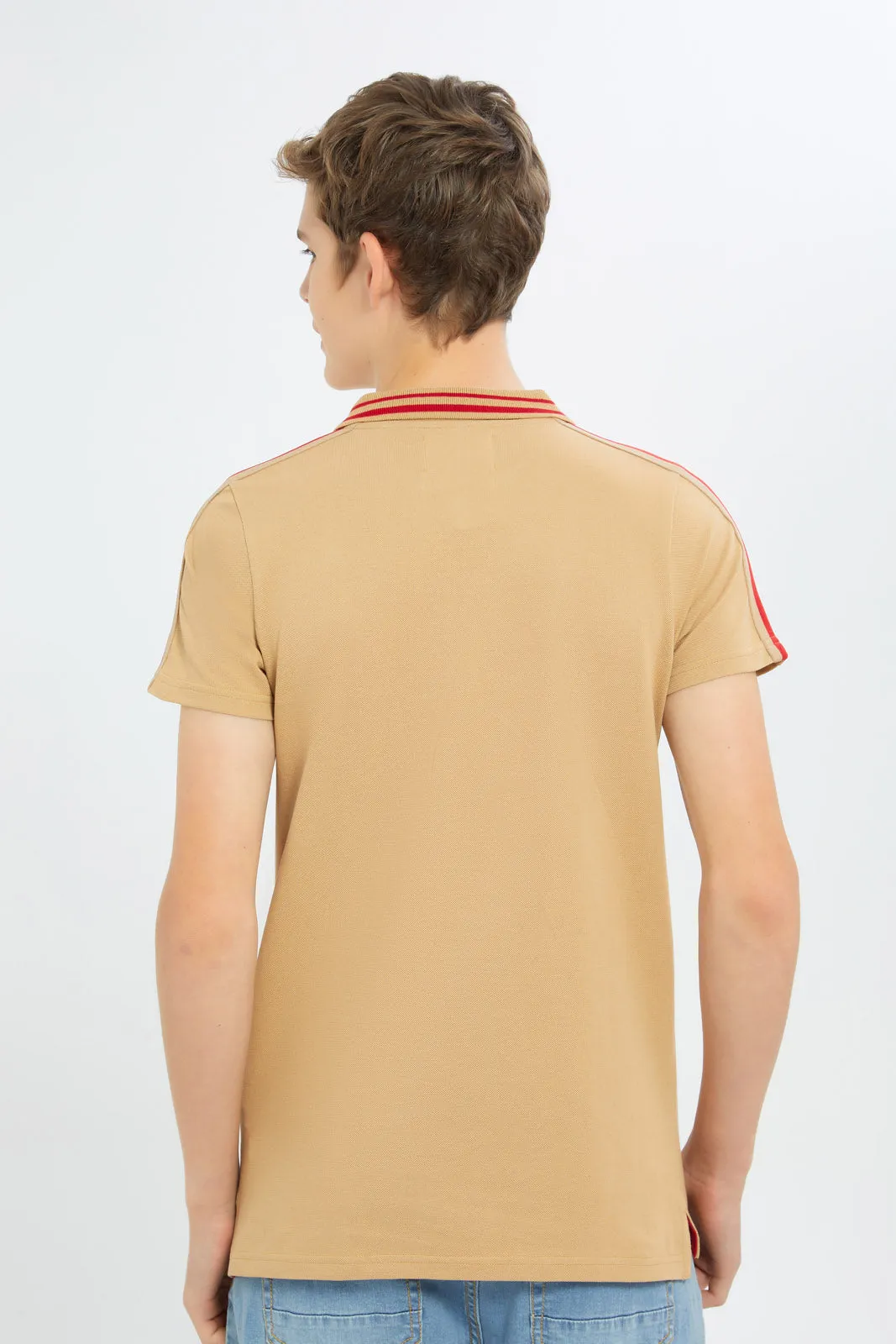 Senior Boys Beige Zip Thru Polo Shirt