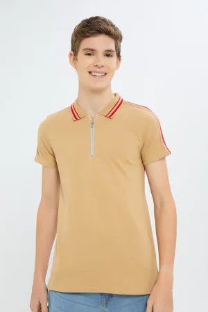 Senior Boys Beige Zip Thru Polo Shirt