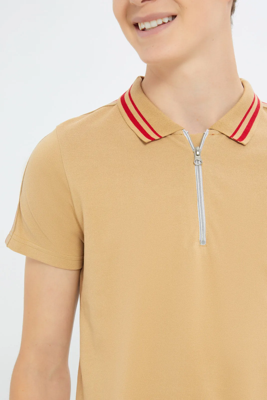 Senior Boys Beige Zip Thru Polo Shirt