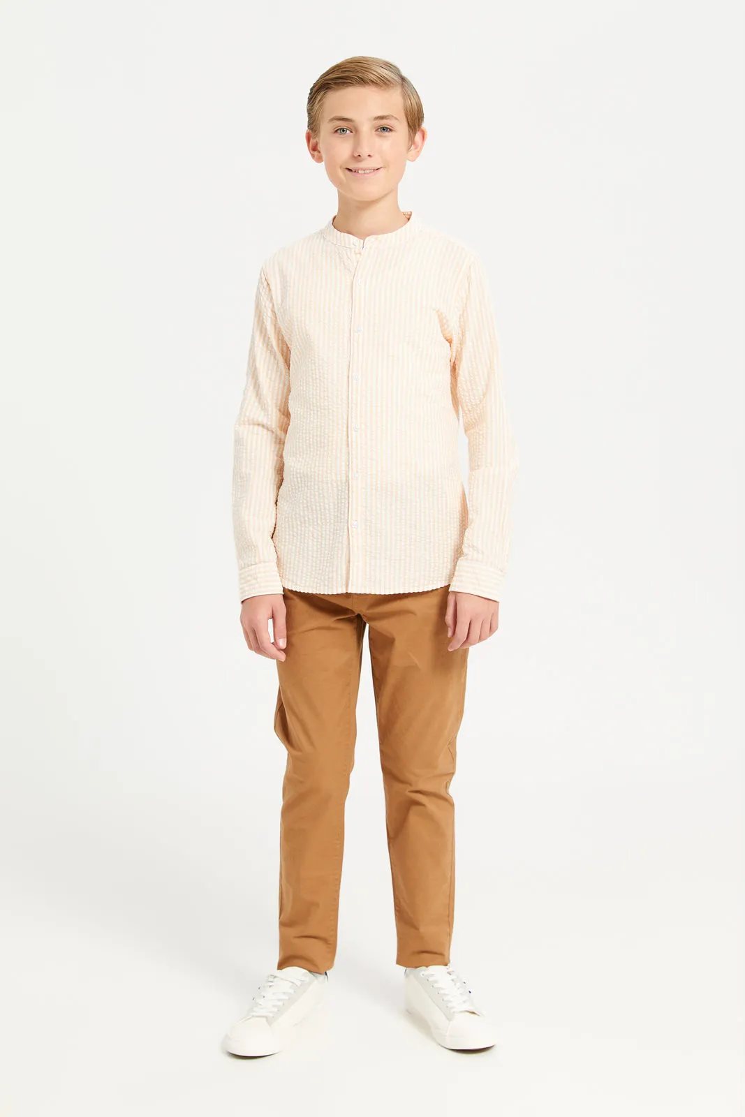 Senior Boys Coral Stripe Mandarin Collar Seersucker Shirt