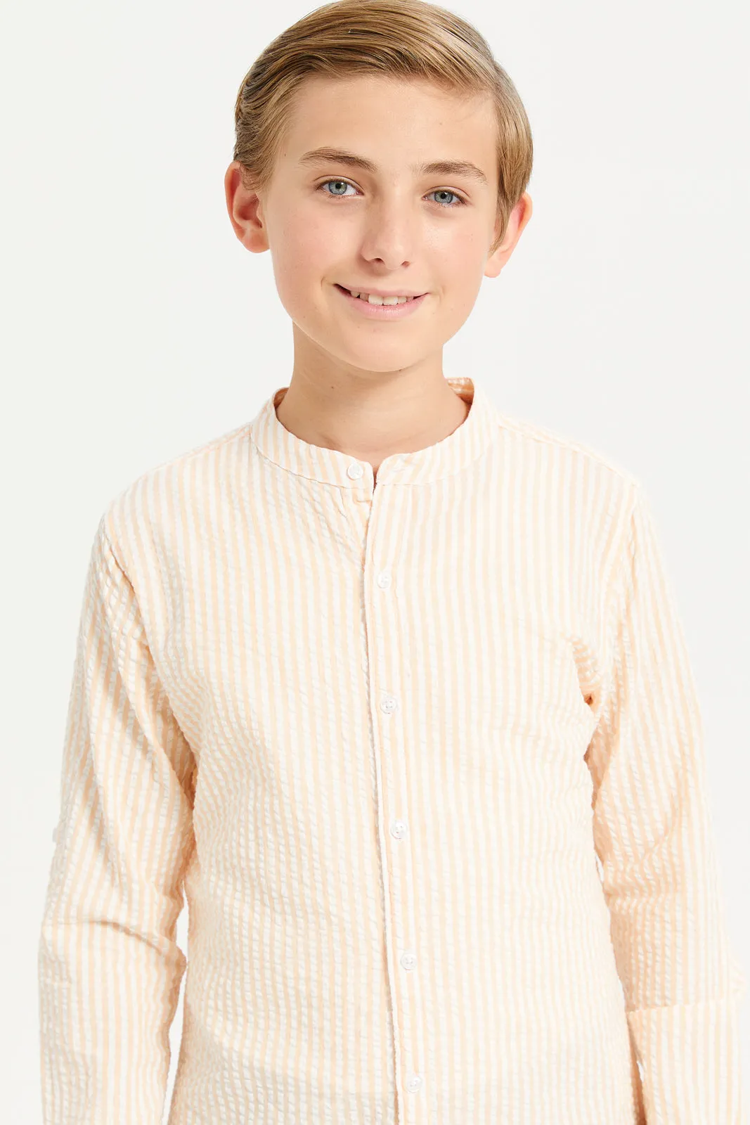 Senior Boys Coral Stripe Mandarin Collar Seersucker Shirt