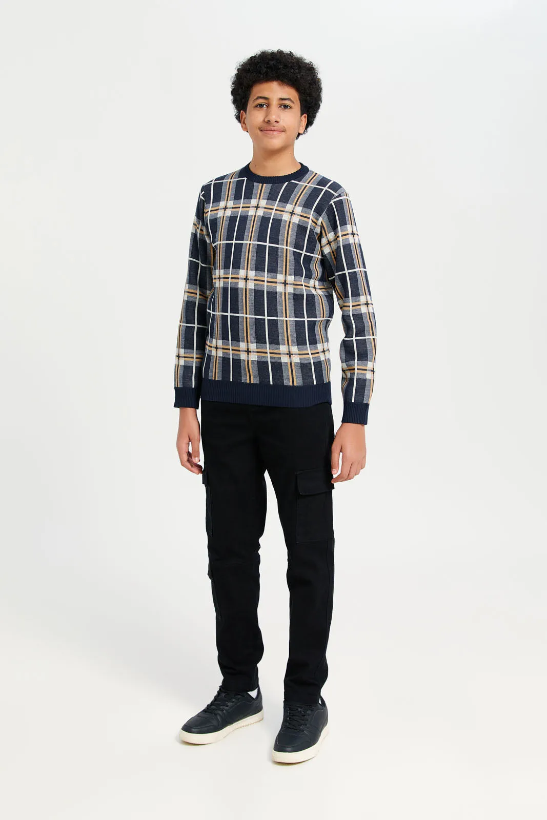 Senior Boys Navy Checkered Pullover