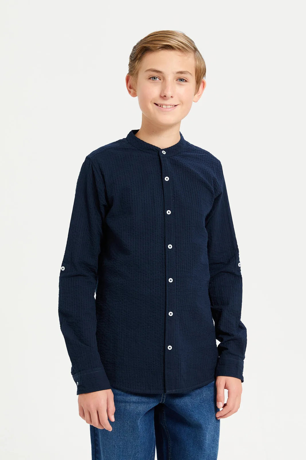 Senior Boys Navy Plain Mandarin Collar Seersucker Shirt