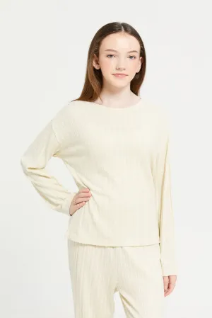 Senior Girls Cream Lurex Drop Shoulder Rib Top