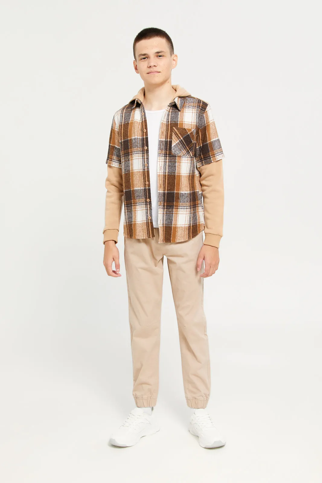 Senor Boys Brown Checkered Hooded Shirt