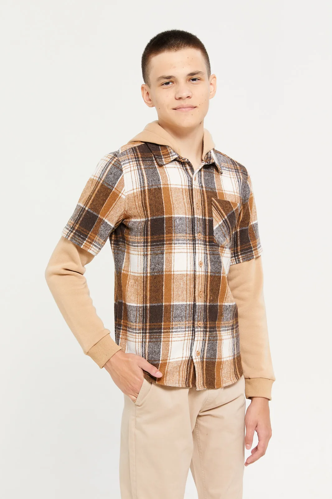 Senor Boys Brown Checkered Hooded Shirt