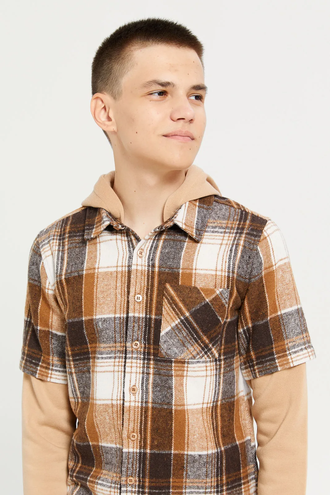 Senor Boys Brown Checkered Hooded Shirt