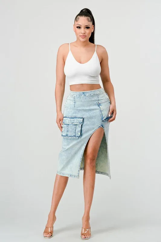 Side Stepper- High Side Split Denim Cargo Skirt