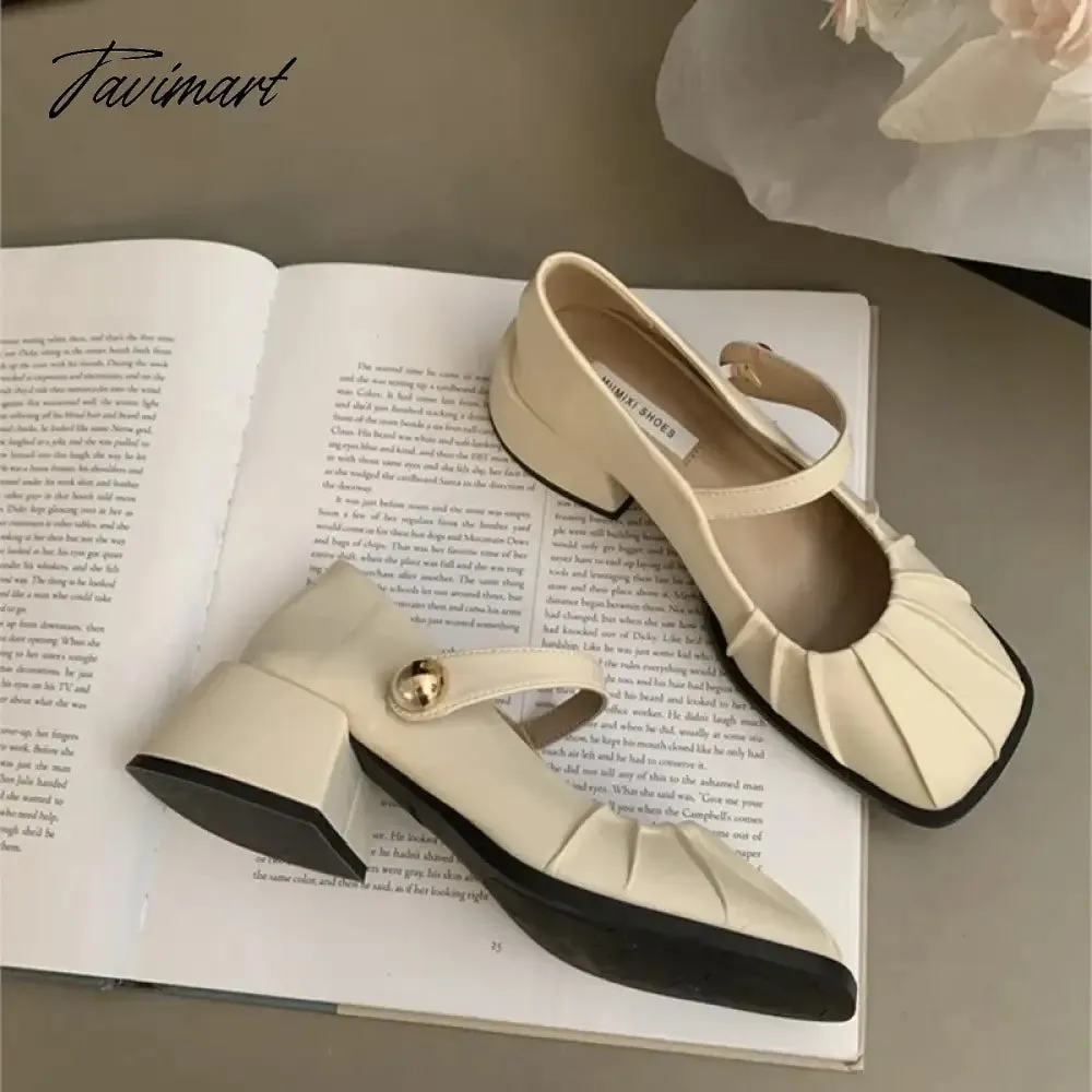 TAVIMART -  New Women's Mary Janes Shoes Pleated Leather Shoes for Female Square Heel Dress Shoes Square Toe Ruffle Pumps Silver Black 1581N