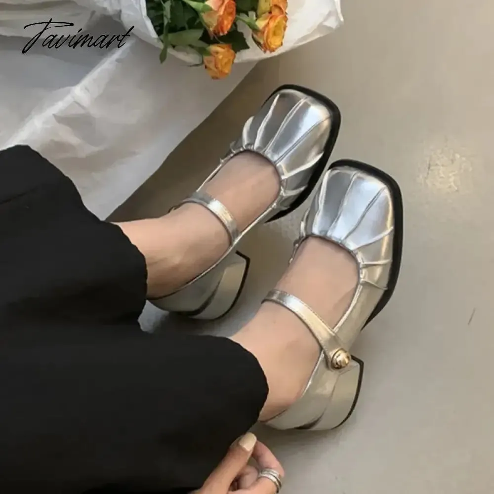 TAVIMART -  New Women's Mary Janes Shoes Pleated Leather Shoes for Female Square Heel Dress Shoes Square Toe Ruffle Pumps Silver Black 1581N