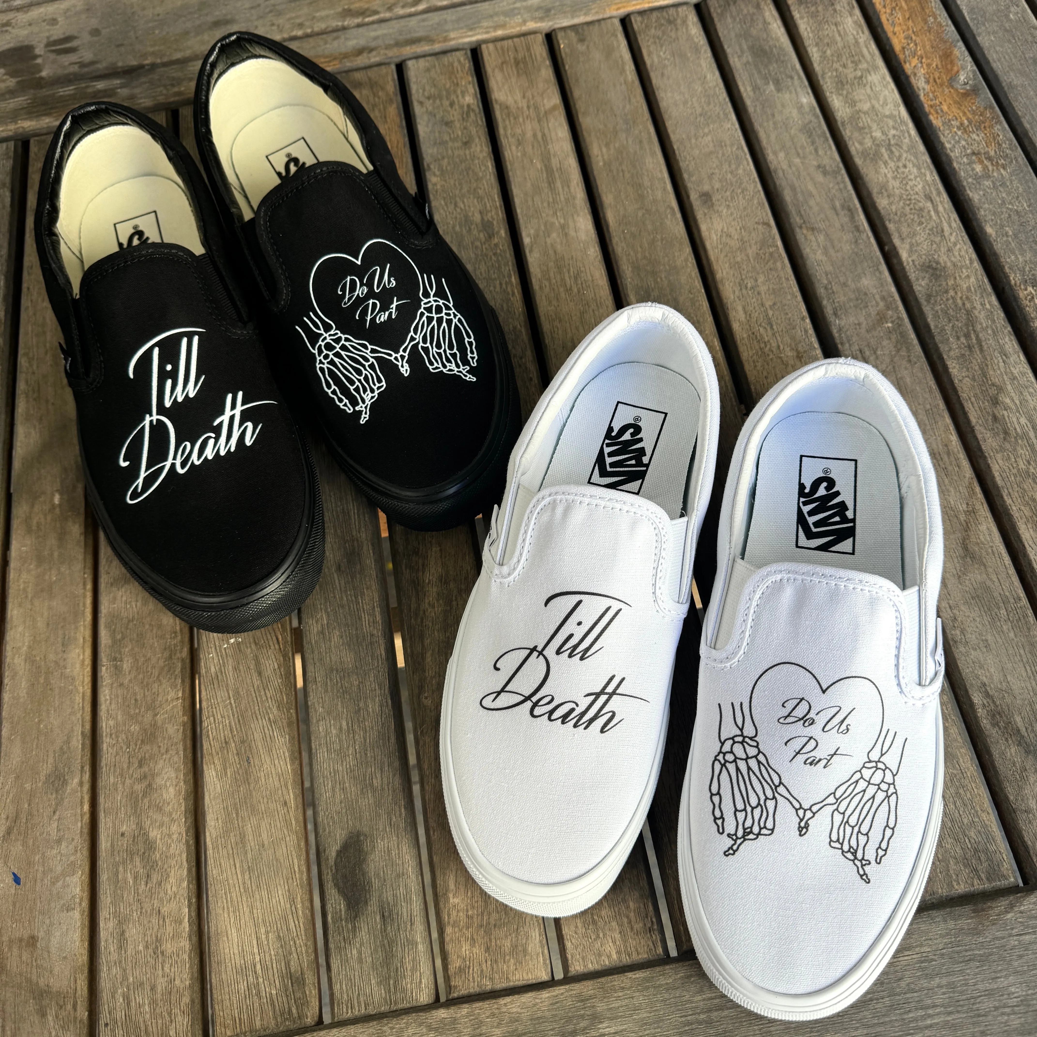 Till Death Pinky Heart Custom Wedding Vans Slip On Shoes for Women and Men