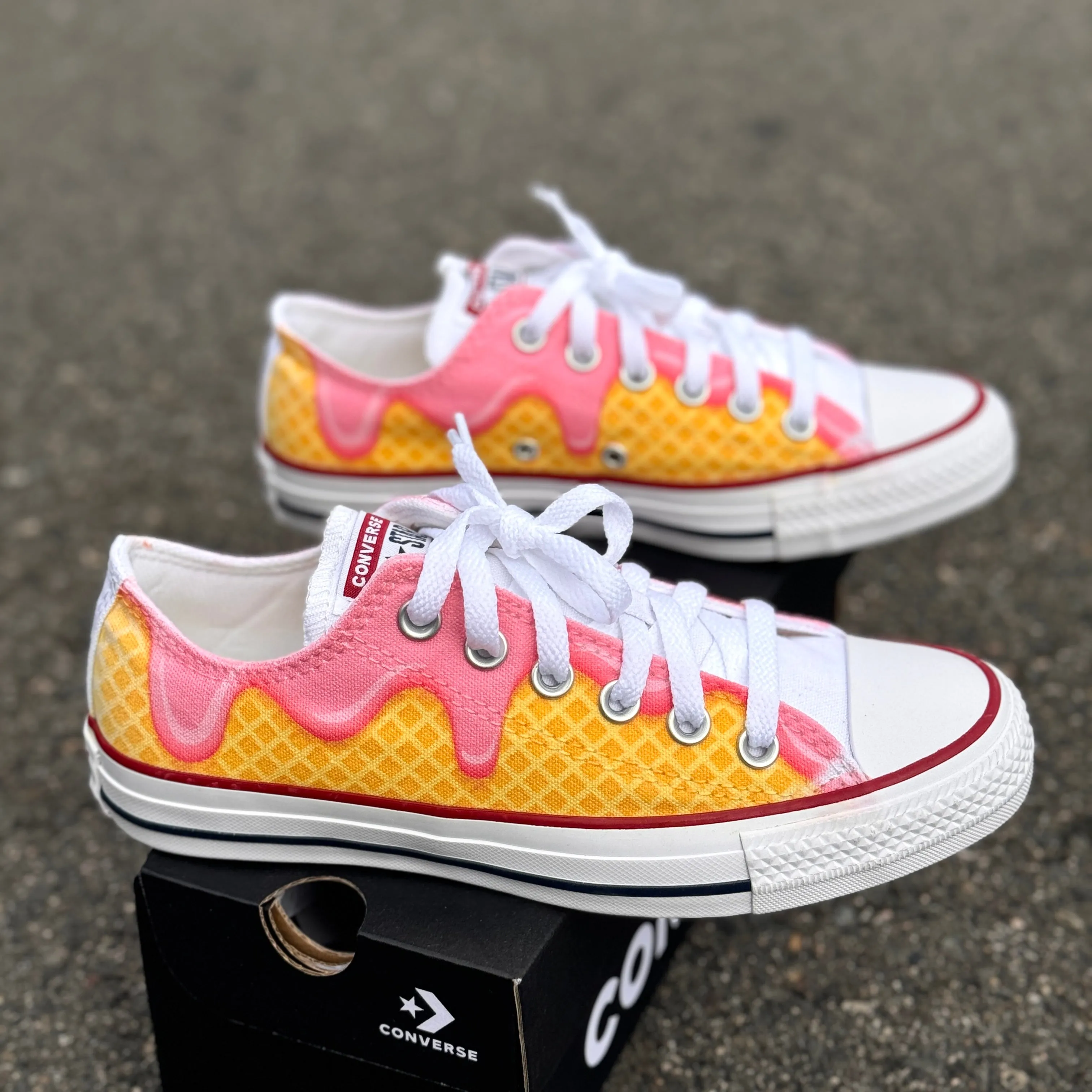 Waffle Cone Ice Cream Drip White Converse Low Top Shoes - Womens, Girls ,Mens Custom Converse Chuck Taylor Sneakers