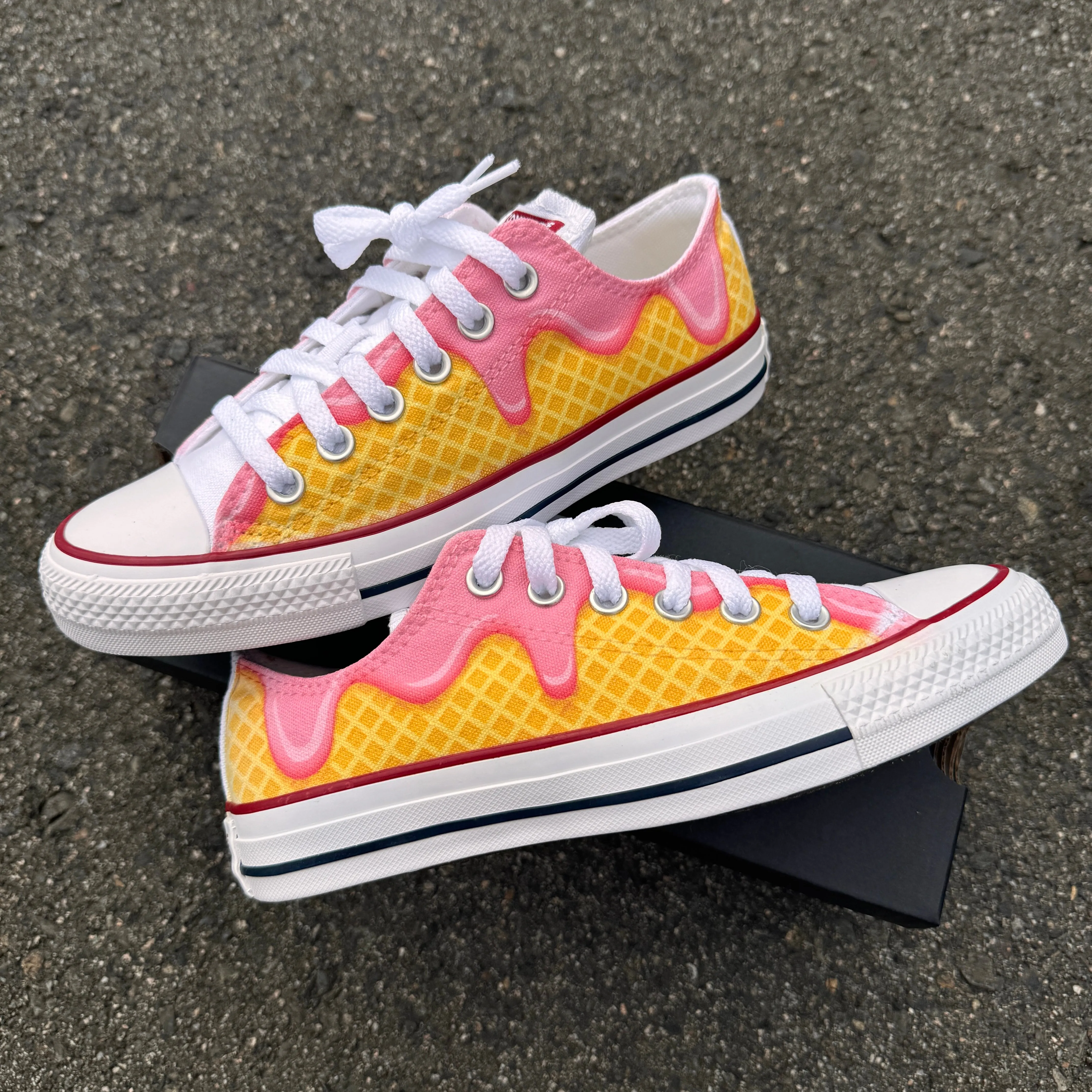 Waffle Cone Ice Cream Drip White Converse Low Top Shoes - Womens, Girls ,Mens Custom Converse Chuck Taylor Sneakers