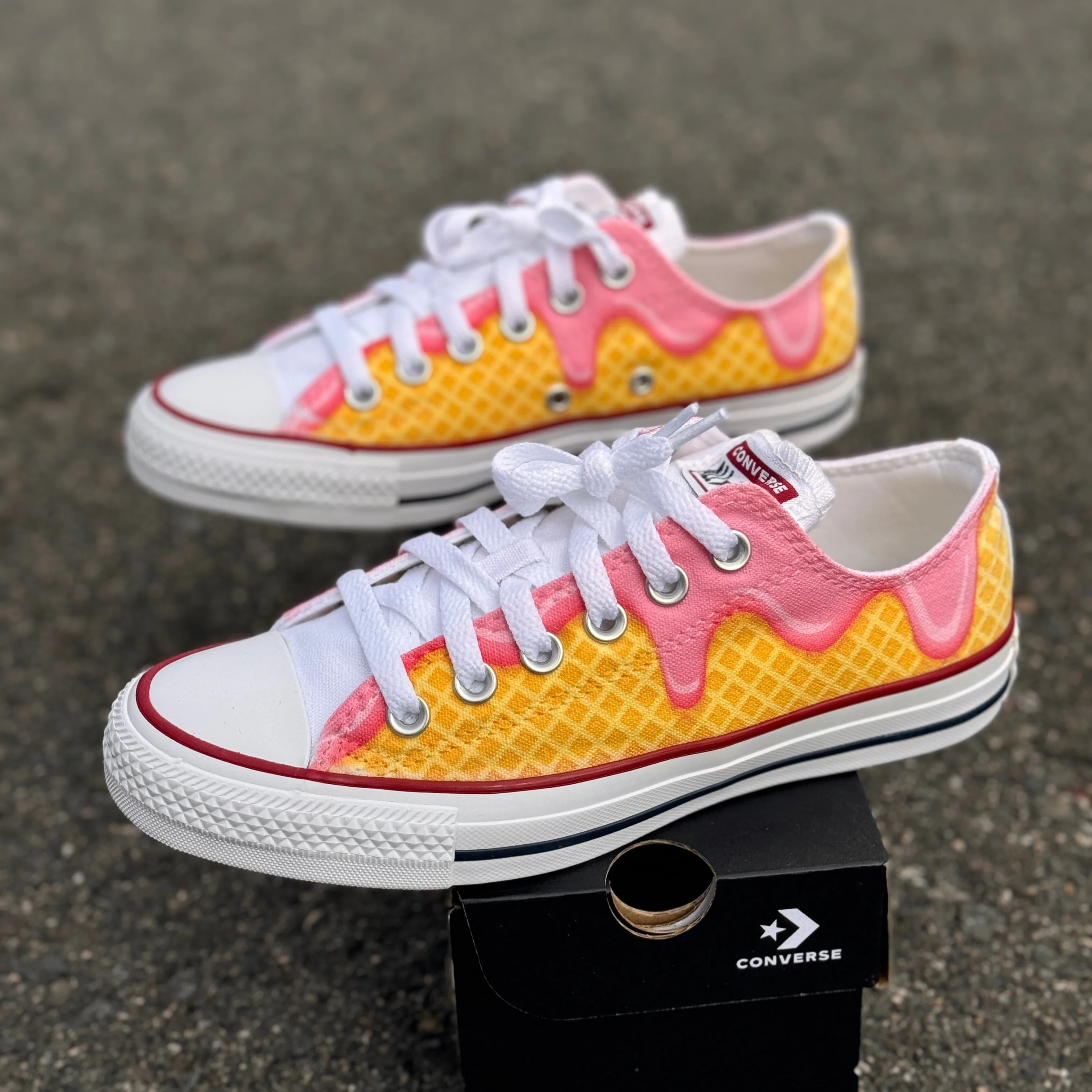 Waffle Cone Ice Cream Drip White Converse Low Top Shoes - Womens, Girls ,Mens Custom Converse Chuck Taylor Sneakers