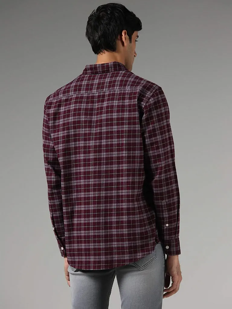 WES Casuals Wine Checked Relaxed-Fit Shirt