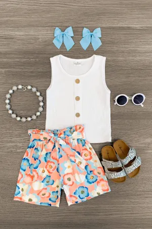 White & Coral Floral Tie Short Set