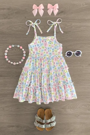 White Pastel Floral Tie Shoulder Dress