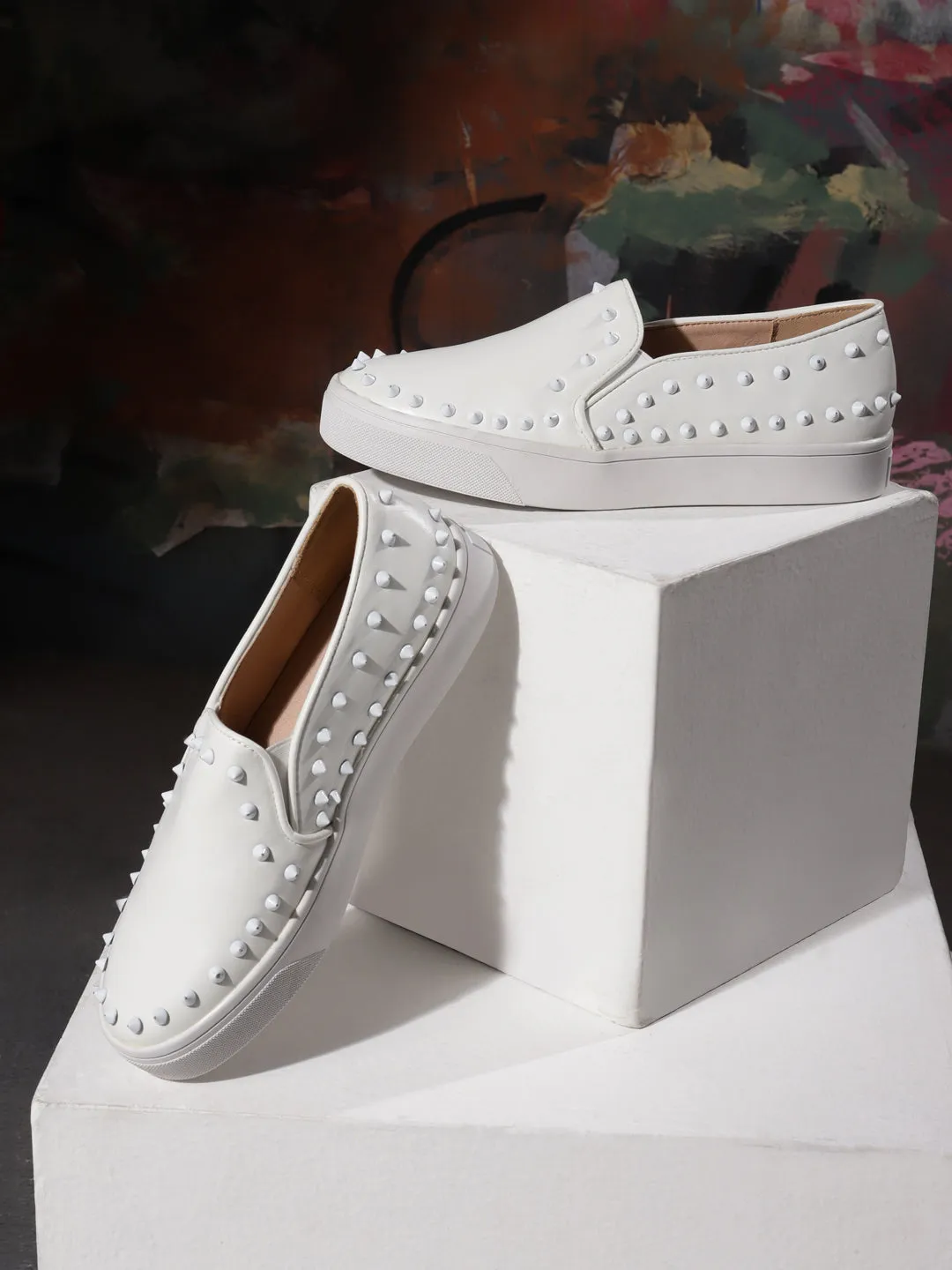 White PU Studded Slip-On Loafers (TC-RLST2-WHT)