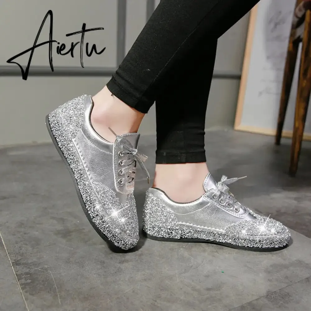 Women Casual Shoes Sequin Jelly Color Crystal Silver Shoes Flat Sneakers Spring Fashion Trend Comfortable Vulcanized Sneakers