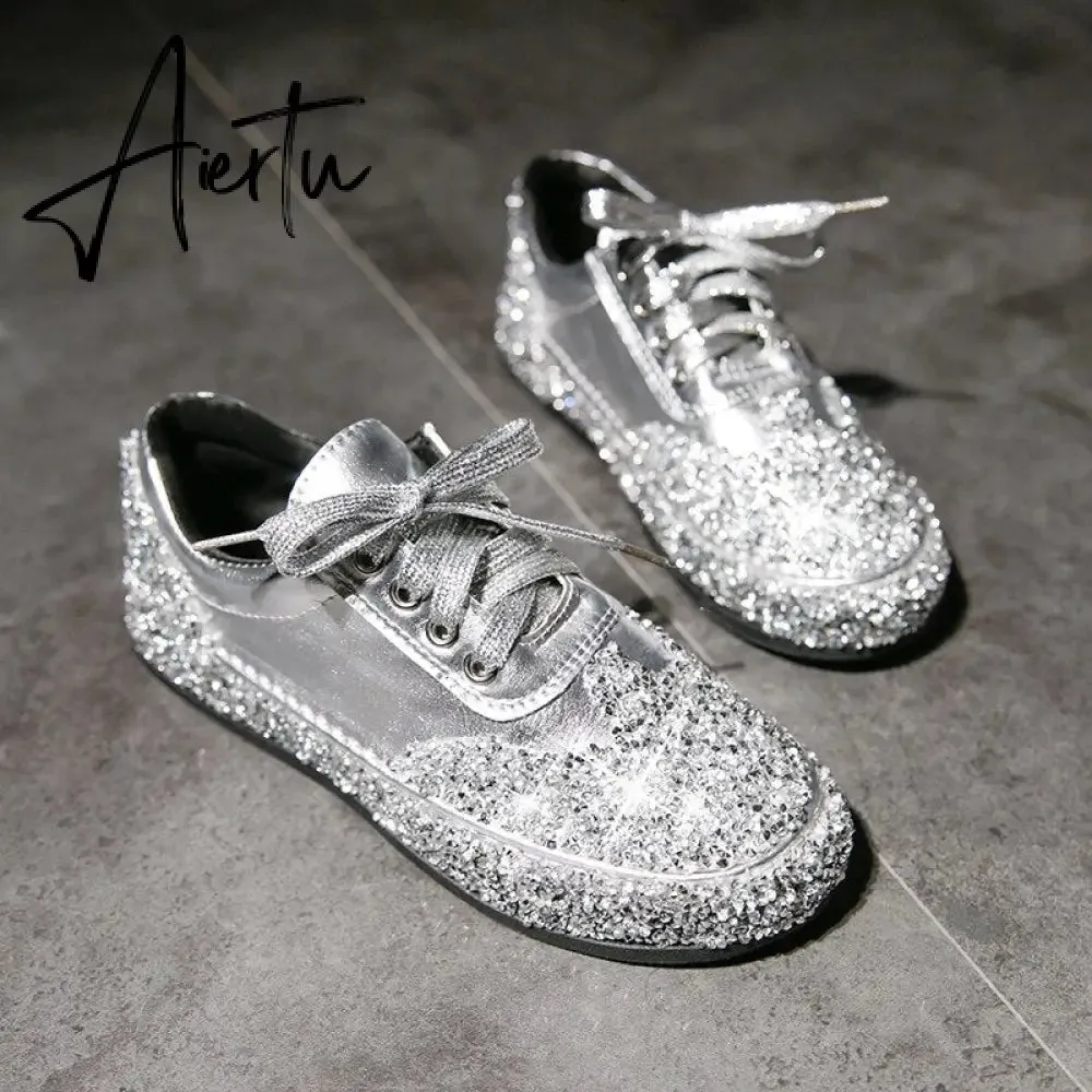 Women Casual Shoes Sequin Jelly Color Crystal Silver Shoes Flat Sneakers Spring Fashion Trend Comfortable Vulcanized Sneakers