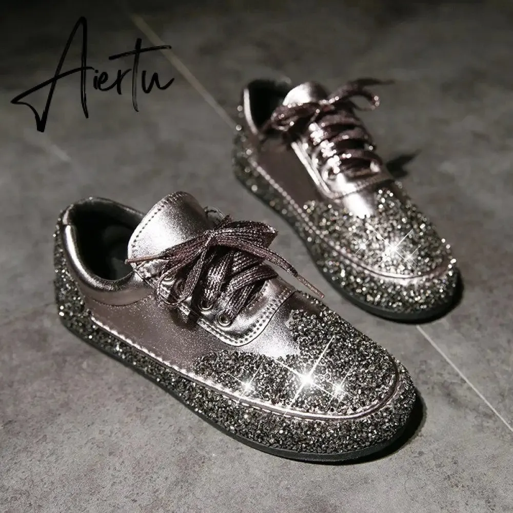 Women Casual Shoes Sequin Jelly Color Crystal Silver Shoes Flat Sneakers Spring Fashion Trend Comfortable Vulcanized Sneakers