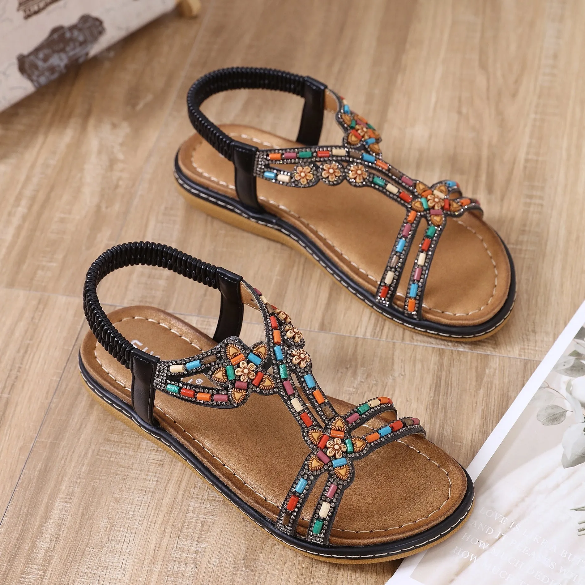 Women's Boho Style Faux Rhinestone Decor Elastic Straps Slingback Ankle-strap Sandals