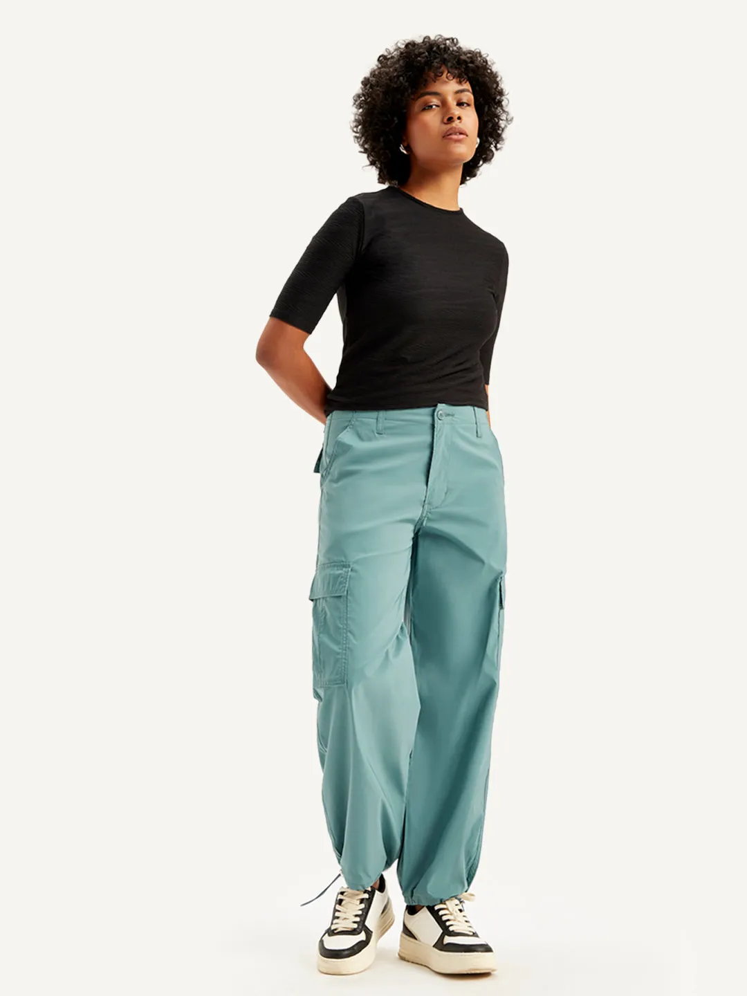 Women's Mid Rise Green Baggy Fit Cargo Trousers