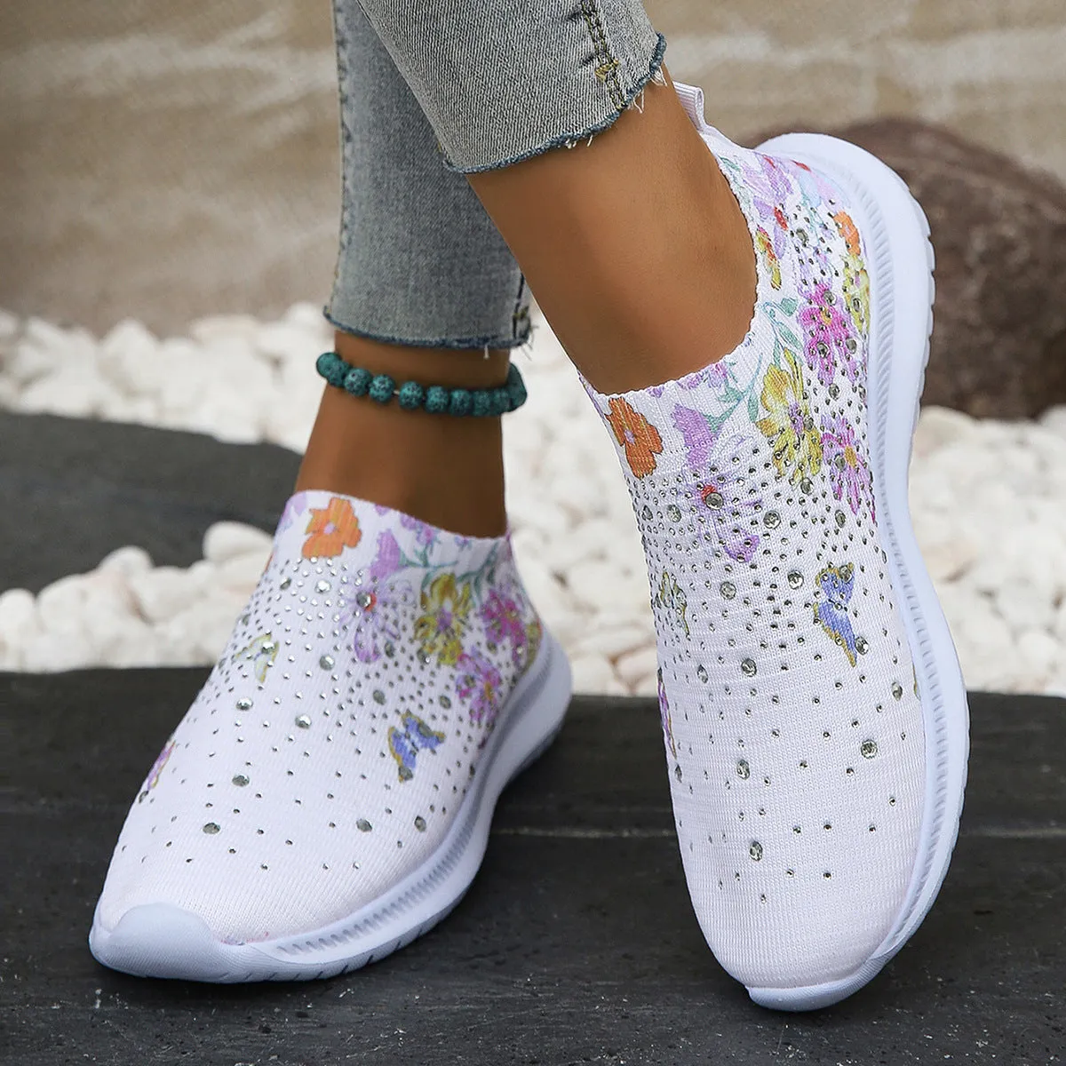 Women's Printed Rhinestone Flyknit Mesh Shoes