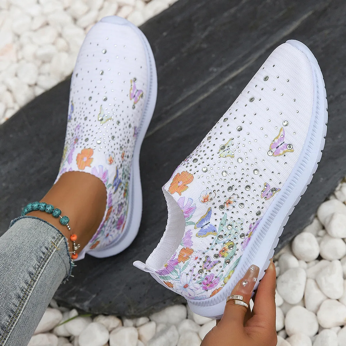 Women's Printed Rhinestone Flyknit Mesh Shoes