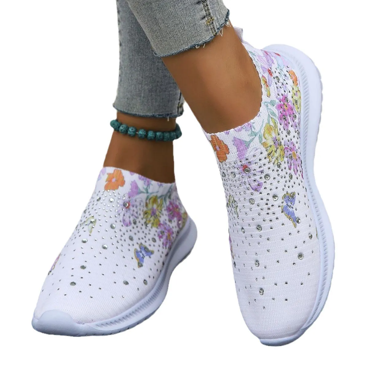 Women's Printed Rhinestone Flyknit Mesh Shoes