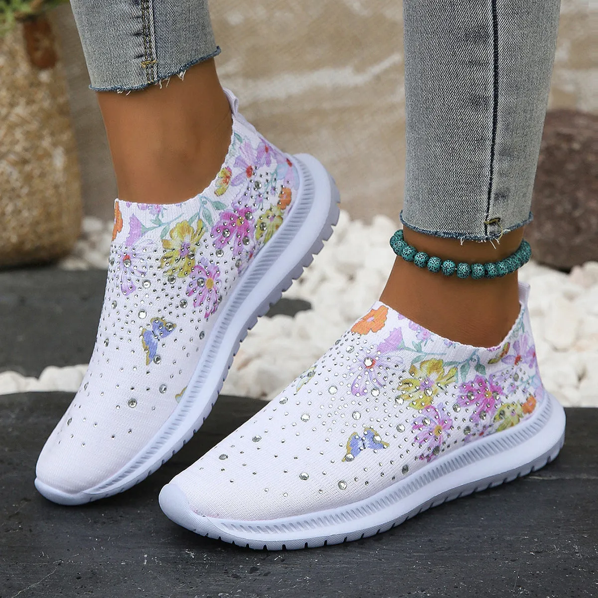 Women's Printed Rhinestone Flyknit Mesh Shoes