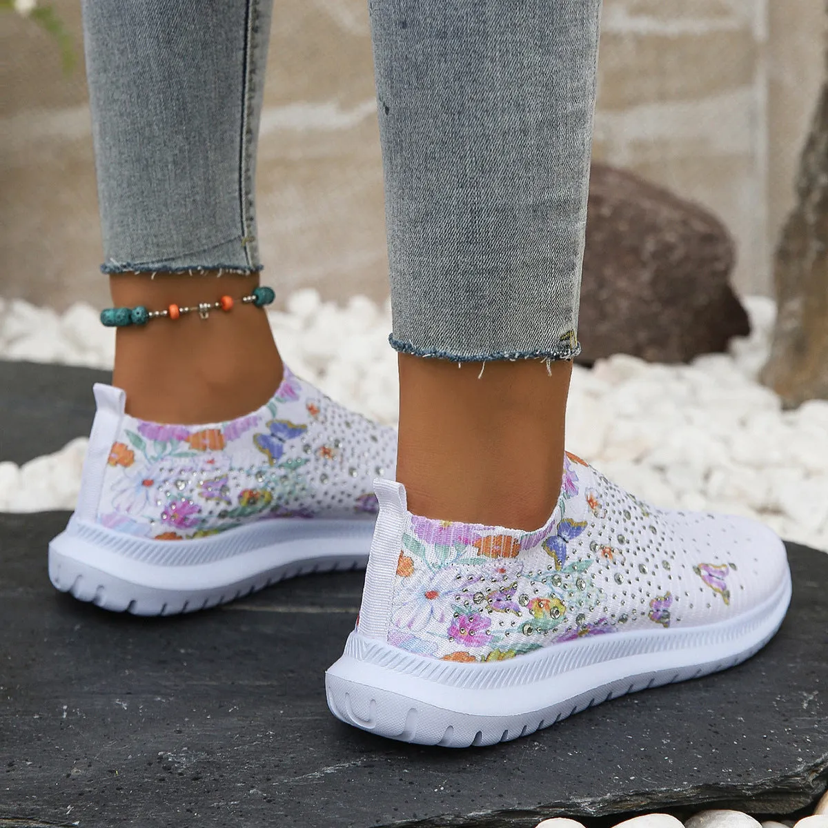 Women's Printed Rhinestone Flyknit Mesh Shoes