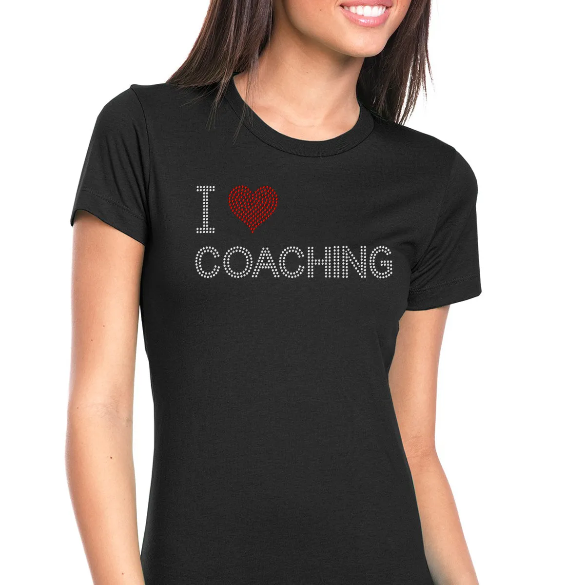 Womens T-Shirt Bling Black Fitted Tee I Love Coaching Heart