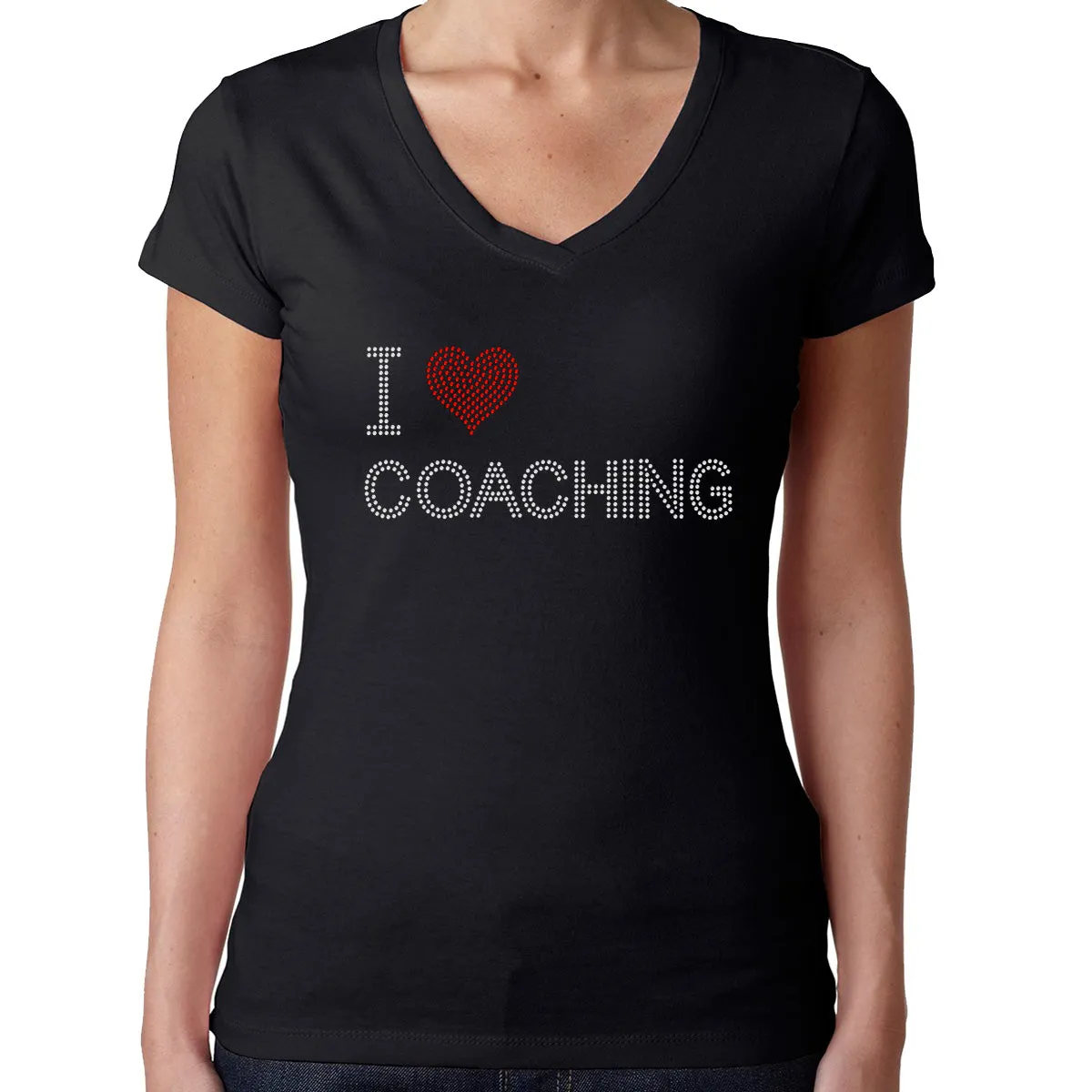 Womens T-Shirt Bling Black Fitted Tee I Love Coaching Heart